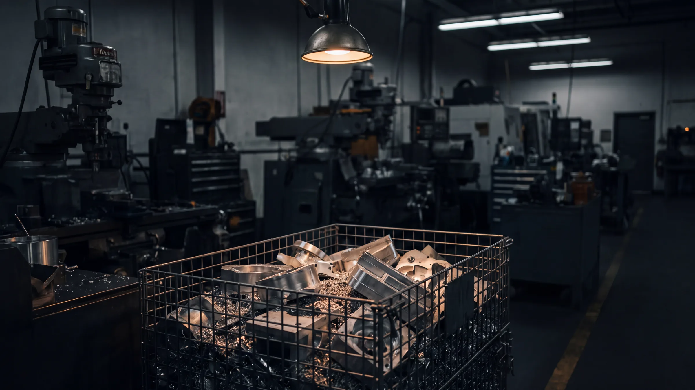 A wire bin of finished machined aluminium parts on a shop floor at the end of a shift, machines dark behind it