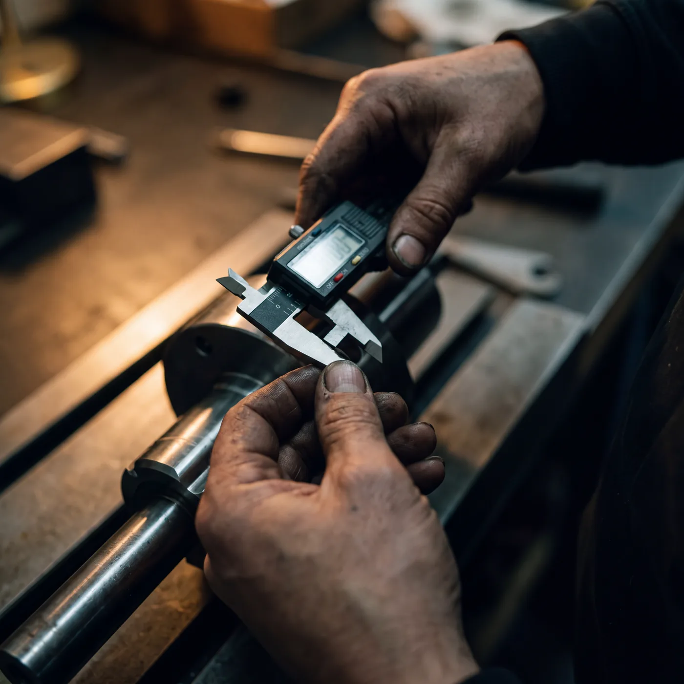 Two hands holding a digital caliper across a machined steel part, mid-measurement