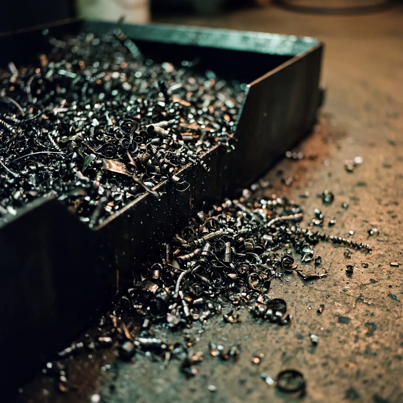 Curled aluminium swarf filling a steel chip pan, spilling onto a concrete shop floor