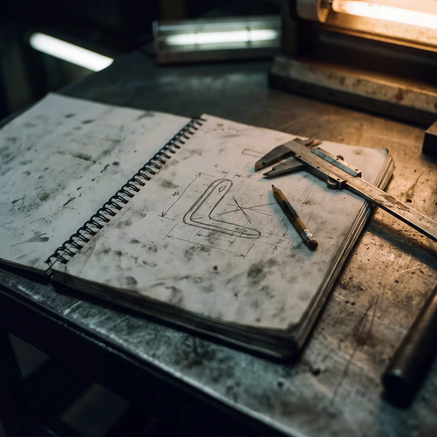 An open notebook on a workbench showing a hand-drawn bracket sketch, smudged with oil, a pencil and calipers resting on the page