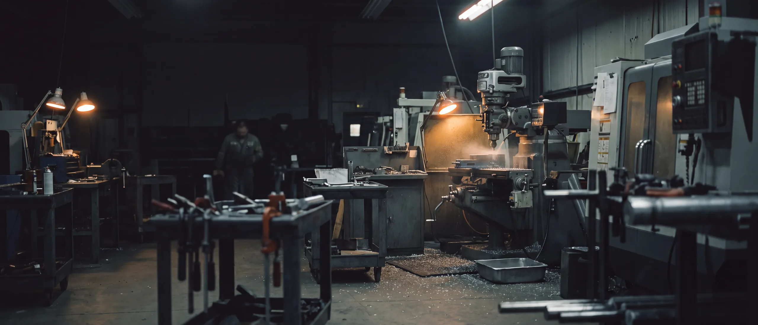 The interior of a small machine shop, dimly lit, a mill running under a work lamp